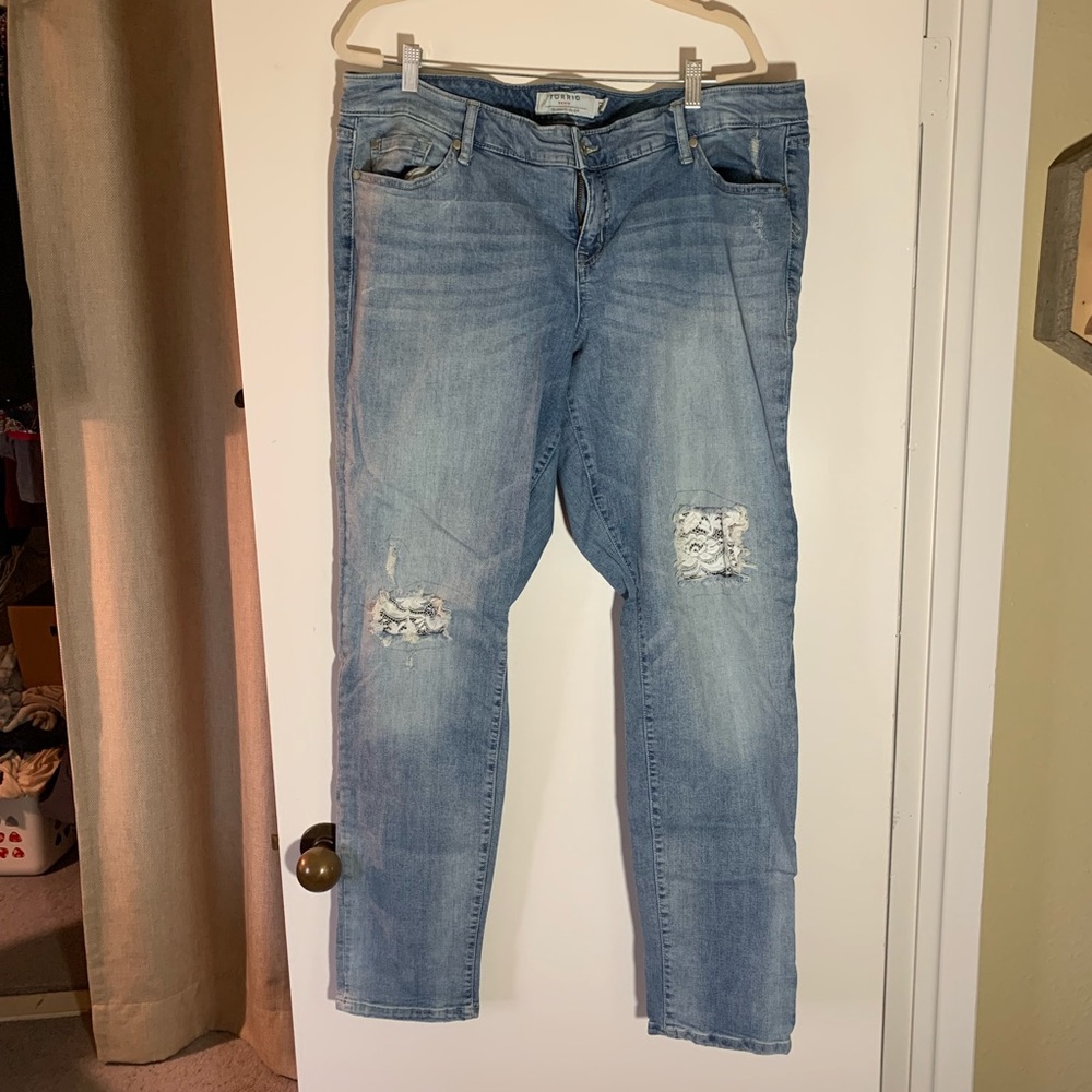 Torrid extra long lace distressed boyfriend jeans